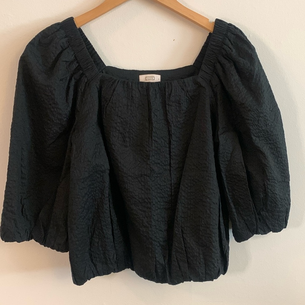 AYR black puff sleeve textured cropped square neck blouse